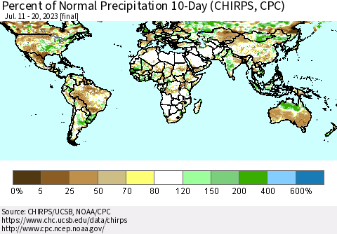 World Percent of Normal Precipitation 10-Day (CHIRPS) Thematic Map For 7/11/2023 - 7/20/2023