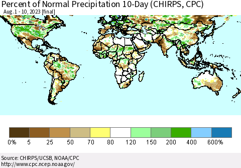 World Percent of Normal Precipitation 10-Day (CHIRPS) Thematic Map For 8/1/2023 - 8/10/2023