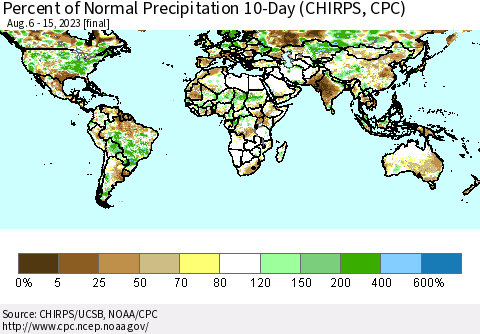 World Percent of Normal Precipitation 10-Day (CHIRPS) Thematic Map For 8/6/2023 - 8/15/2023