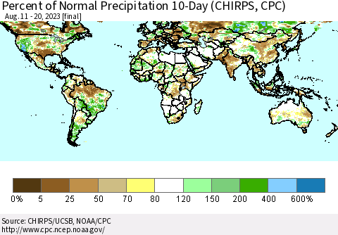 World Percent of Normal Precipitation 10-Day (CHIRPS) Thematic Map For 8/11/2023 - 8/20/2023