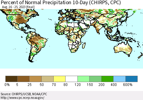 World Percent of Normal Precipitation 10-Day (CHIRPS) Thematic Map For 8/16/2023 - 8/25/2023