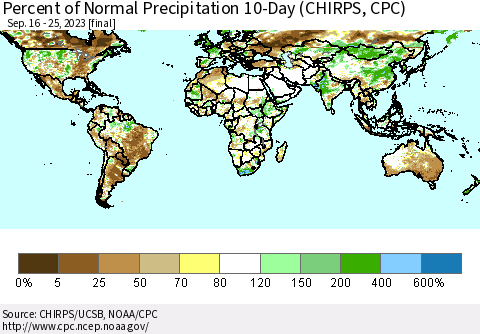 World Percent of Normal Precipitation 10-Day (CHIRPS) Thematic Map For 9/16/2023 - 9/25/2023