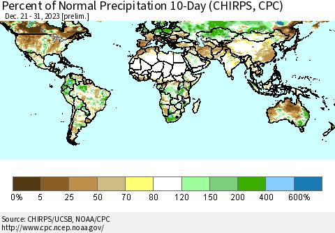 World Percent of Normal Precipitation 10-Day (CHIRPS) Thematic Map For 12/21/2023 - 12/31/2023
