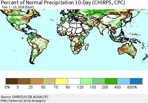World Percent of Normal Precipitation 10-Day (CHIRPS) Thematic Map For 2/1/2024 - 2/10/2024