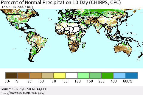 World Percent of Normal Precipitation 10-Day (CHIRPS) Thematic Map For 2/6/2024 - 2/15/2024