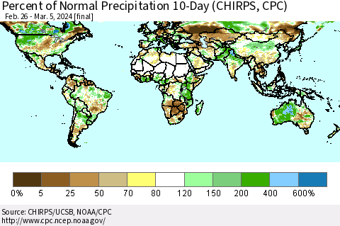 World Percent of Normal Precipitation 10-Day (CHIRPS) Thematic Map For 2/26/2024 - 3/5/2024