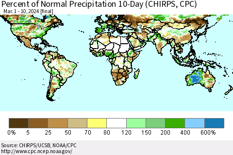 World Percent of Normal Precipitation 10-Day (CHIRPS) Thematic Map For 3/1/2024 - 3/10/2024