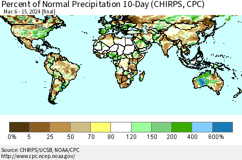 World Percent of Normal Precipitation 10-Day (CHIRPS) Thematic Map For 3/6/2024 - 3/15/2024