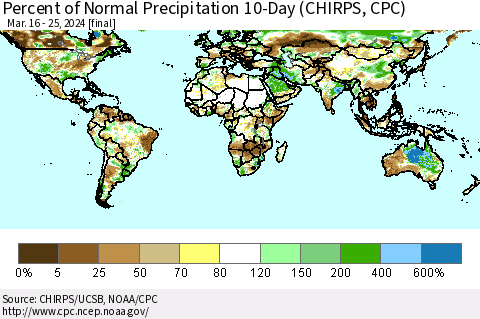 World Percent of Normal Precipitation 10-Day (CHIRPS) Thematic Map For 3/16/2024 - 3/25/2024