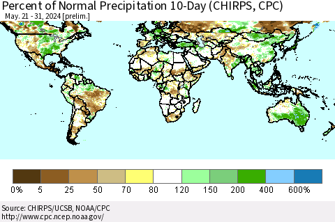 World Percent of Normal Precipitation 10-Day (CHIRPS) Thematic Map For 5/21/2024 - 5/31/2024