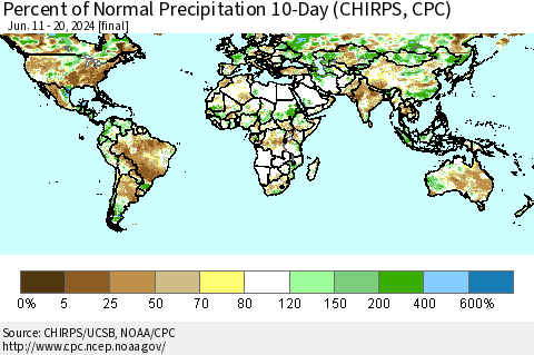 World Percent of Normal Precipitation 10-Day (CHIRPS) Thematic Map For 6/11/2024 - 6/20/2024