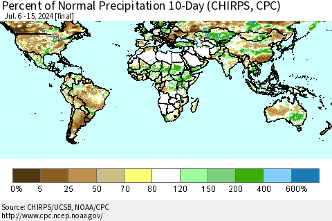 World Percent of Normal Precipitation 10-Day (CHIRPS) Thematic Map For 7/6/2024 - 7/15/2024