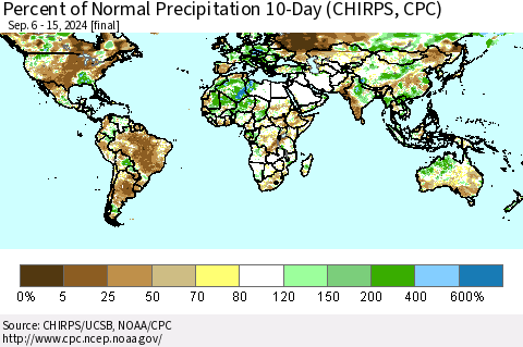 World Percent of Normal Precipitation 10-Day (CHIRPS) Thematic Map For 9/6/2024 - 9/15/2024