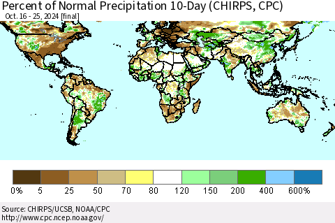 World Percent of Normal Precipitation 10-Day (CHIRPS) Thematic Map For 10/16/2024 - 10/25/2024