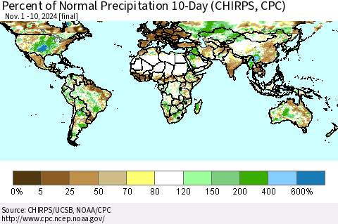 World Percent of Normal Precipitation 10-Day (CHIRPS) Thematic Map For 11/1/2024 - 11/10/2024