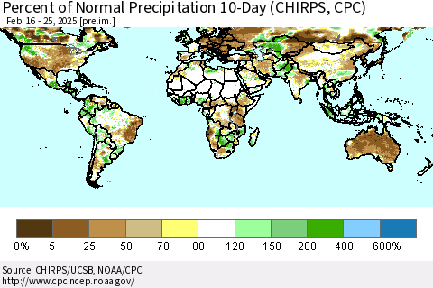 World Percent of Normal Precipitation 10-Day (CHIRPS) Thematic Map For 2/16/2025 - 2/25/2025