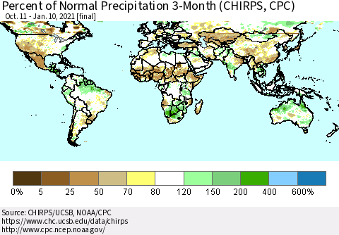 World Percent of Normal Precipitation 3-Month (CHIRPS) Thematic Map For 10/11/2020 - 1/10/2021