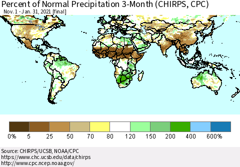 World Percent of Normal Precipitation 3-Month (CHIRPS) Thematic Map For 11/1/2020 - 1/31/2021