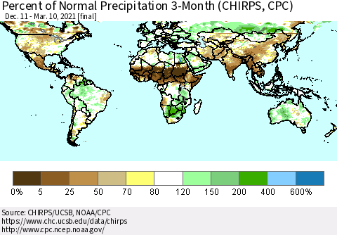 World Percent of Normal Precipitation 3-Month (CHIRPS) Thematic Map For 12/11/2020 - 3/10/2021
