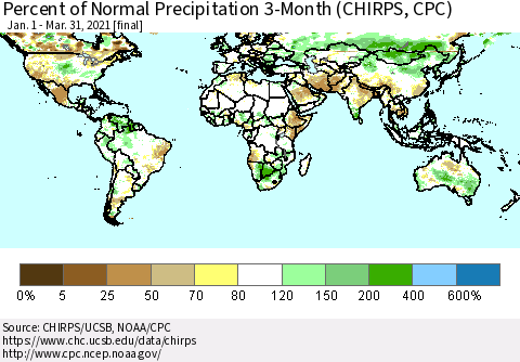 World Percent of Normal Precipitation 3-Month (CHIRPS) Thematic Map For 1/1/2021 - 3/31/2021