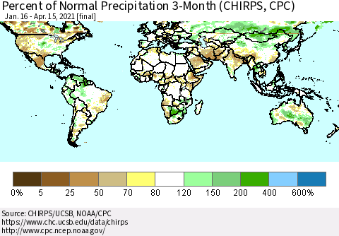 World Percent of Normal Precipitation 3-Month (CHIRPS) Thematic Map For 1/16/2021 - 4/15/2021