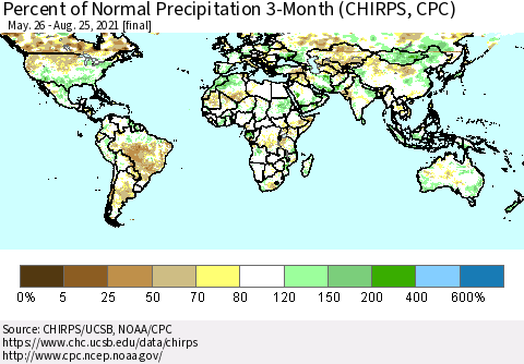 World Percent of Normal Precipitation 3-Month (CHIRPS) Thematic Map For 5/26/2021 - 8/25/2021