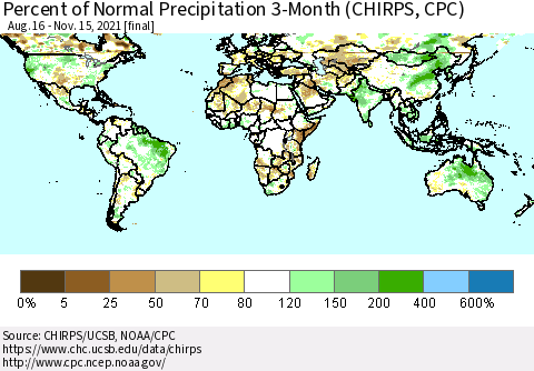 World Percent of Normal Precipitation 3-Month (CHIRPS) Thematic Map For 8/16/2021 - 11/15/2021