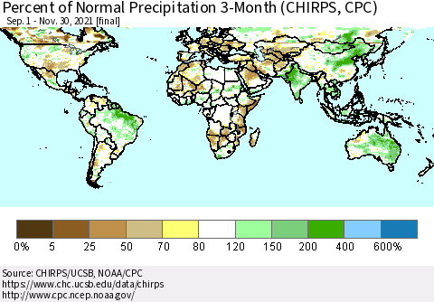 World Percent of Normal Precipitation 3-Month (CHIRPS) Thematic Map For 9/1/2021 - 11/30/2021
