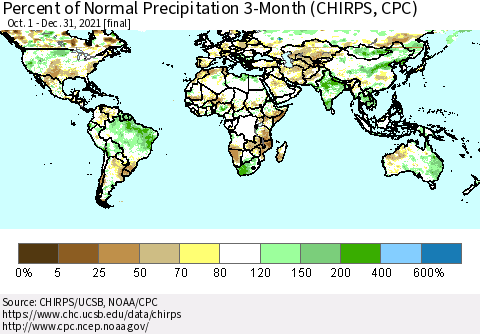 World Percent of Normal Precipitation 3-Month (CHIRPS) Thematic Map For 10/1/2021 - 12/31/2021
