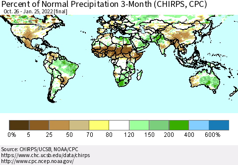 World Percent of Normal Precipitation 3-Month (CHIRPS) Thematic Map For 10/26/2021 - 1/25/2022