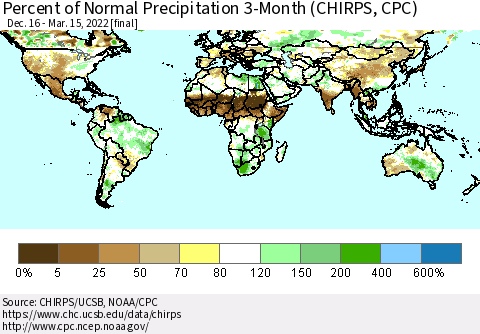 World Percent of Normal Precipitation 3-Month (CHIRPS) Thematic Map For 12/16/2021 - 3/15/2022