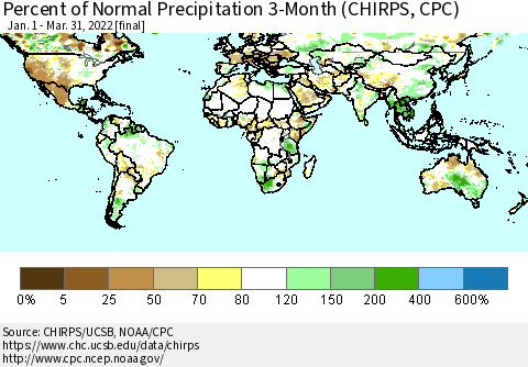 World Percent of Normal Precipitation 3-Month (CHIRPS) Thematic Map For 1/1/2022 - 3/31/2022