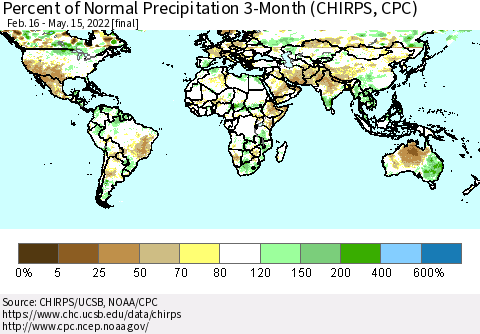 World Percent of Normal Precipitation 3-Month (CHIRPS) Thematic Map For 2/16/2022 - 5/15/2022