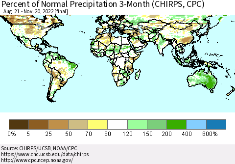 World Percent of Normal Precipitation 3-Month (CHIRPS) Thematic Map For 8/21/2022 - 11/20/2022