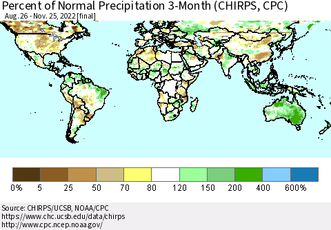 World Percent of Normal Precipitation 3-Month (CHIRPS) Thematic Map For 8/26/2022 - 11/25/2022