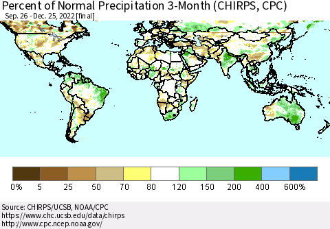 World Percent of Normal Precipitation 3-Month (CHIRPS) Thematic Map For 9/26/2022 - 12/25/2022