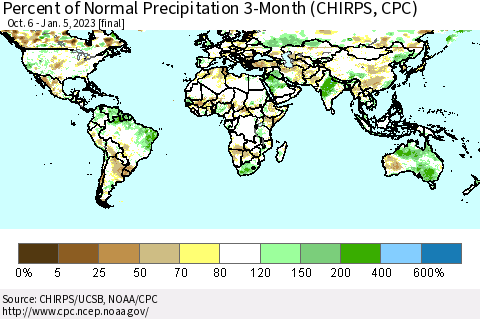 World Percent of Normal Precipitation 3-Month (CHIRPS) Thematic Map For 10/6/2022 - 1/5/2023