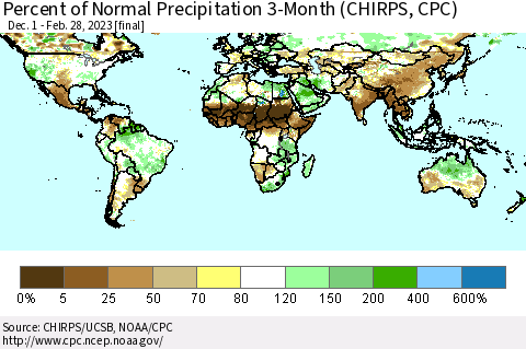 World Percent of Normal Precipitation 3-Month (CHIRPS) Thematic Map For 12/1/2022 - 2/28/2023