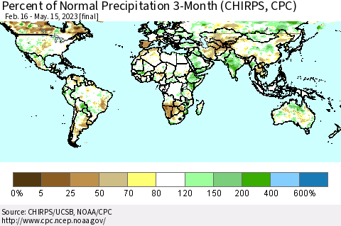 World Percent of Normal Precipitation 3-Month (CHIRPS) Thematic Map For 2/16/2023 - 5/15/2023