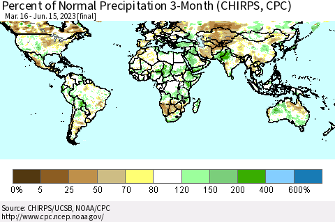 World Percent of Normal Precipitation 3-Month (CHIRPS) Thematic Map For 3/16/2023 - 6/15/2023