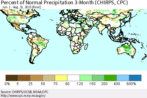 World Percent of Normal Precipitation 3-Month (CHIRPS) Thematic Map For 6/1/2023 - 8/31/2023