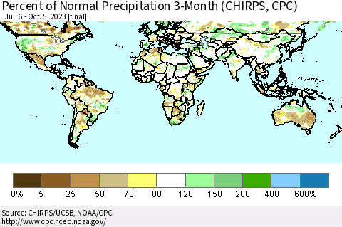 World Percent of Normal Precipitation 3-Month (CHIRPS) Thematic Map For 7/6/2023 - 10/5/2023