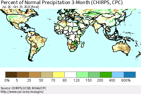 World Percent of Normal Precipitation 3-Month (CHIRPS) Thematic Map For 7/26/2023 - 10/25/2023