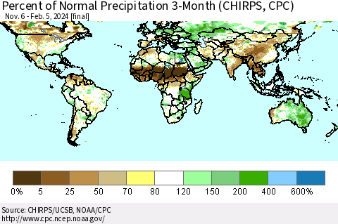World Percent of Normal Precipitation 3-Month (CHIRPS) Thematic Map For 11/6/2023 - 2/5/2024