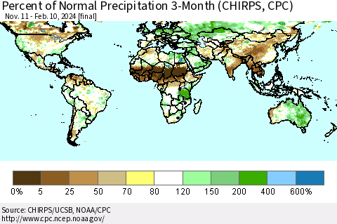World Percent of Normal Precipitation 3-Month (CHIRPS) Thematic Map For 11/11/2023 - 2/10/2024