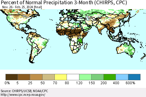 World Percent of Normal Precipitation 3-Month (CHIRPS) Thematic Map For 11/26/2023 - 2/25/2024