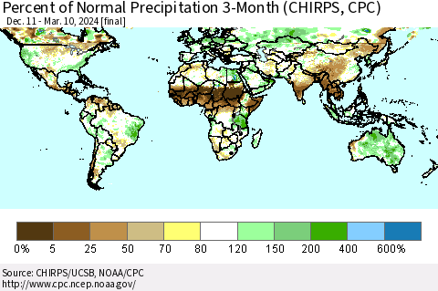 World Percent of Normal Precipitation 3-Month (CHIRPS) Thematic Map For 12/11/2023 - 3/10/2024