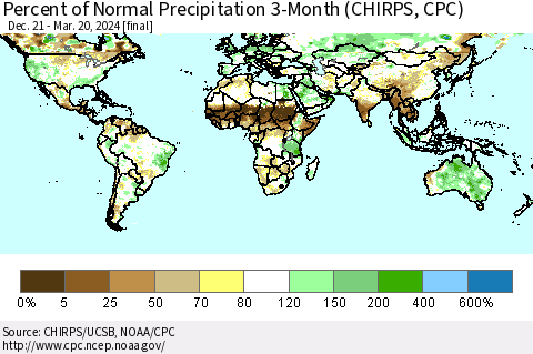 World Percent of Normal Precipitation 3-Month (CHIRPS) Thematic Map For 12/21/2023 - 3/20/2024