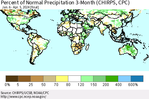 World Percent of Normal Precipitation 3-Month (CHIRPS) Thematic Map For 1/6/2024 - 4/5/2024