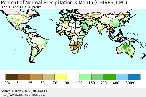 World Percent of Normal Precipitation 3-Month (CHIRPS) Thematic Map For 2/1/2024 - 4/30/2024